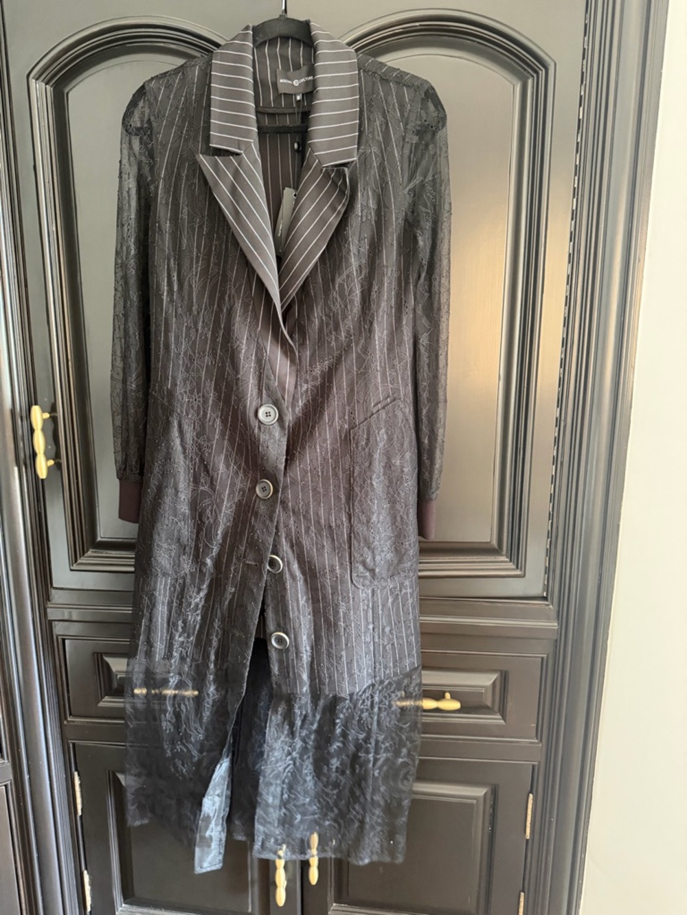 NWT Social Culture Women's Black Pinstripe Long Trench Coat with Contrast Collar